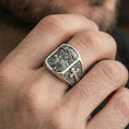 Load image into Gallery viewer, Oxidized 925 sterling silver Jesus ring worn on finger, Crown of Thorns relief with cross pattern side panel