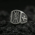 Load image into Gallery viewer, Oxidized 925 sterling silver Saint Andrew ring on volcanic rock, apostle holding cross with cross motif side panel