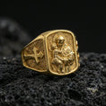Load image into Gallery viewer, Gold plated Saint Anthony sterling silver ring on volcanic rock, saint holding Child Jesus relief with cross band side detail