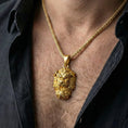 Load image into Gallery viewer, Gold plated Fu Dog pendant necklace worn by man as bold spiritual protection statement jewelry