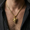 Load image into Gallery viewer, Gold plated oni mask pendant necklace worn by man as bold Japanese mythology statement jewelry