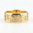 Load image into Gallery viewer, Gold Slavic dragon motif ring displayed on a white surface highlighting Celtic-style knot details and bold mythology aesthetic