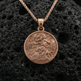 Load image into Gallery viewer, Rose gold plated Athena coin pendant on dark volcanic stone, Greek goddess Athena medallion necklace with spear and battle scene