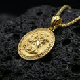 Load image into Gallery viewer, Gold plated Medusa coin pendant on volcanic rock, Greek key border medallion with classical Greek mythology face relief