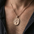 Load image into Gallery viewer, Rose gold plated phoenix medallion necklace worn on neck, elegant rising bird pendant with luxury finish