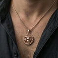 Load image into Gallery viewer, Rose gold plated medusa medallion worn on neck, elegant greek mythology coin necklace with premium detailing