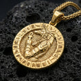Load image into Gallery viewer, Gold plated Anubis pendant on volcanic rock, Egyptian gothic medallion necklace with hieroglyph border detailing