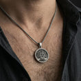 Load image into Gallery viewer, Oxidized 925 sterling silver valknut pendant worn on neck, Viking Norse symbol medallion necklace statement piece