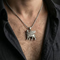 Load image into Gallery viewer, Oxidized 925 sterling silver lamassu pendant worn on neck, Assyrian winged bull guardian talisman necklace