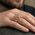 Load image into Gallery viewer, Rose gold plated bull head signet ring worn on finger, lifestyle wear shot, warm plating tone and sculpted depth