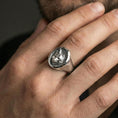 Load image into Gallery viewer, Polished silver fox head signet ring worn on finger, clean lifestyle framing, reflective finish and crisp portrait detail