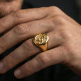 Load image into Gallery viewer, Gold plated Asian tiger signet ring worn on finger, premium styling, statement animal ring as focal point on hand