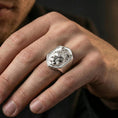 Load image into Gallery viewer, Polished silver shield tiger signet ring worn on finger, lifestyle hand shot highlighting crisp crest outline, tiger stripe detail, and sculpted face depth
