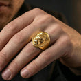 Load image into Gallery viewer, Gold plated shield tiger signet ring worn on finger, premium lifestyle wear photo featuring bold big cat emblem and solid signet construction