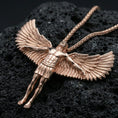 Load image into Gallery viewer, Rose gold plated Archangel Michael protection pendant on volcanic rock, premium macro product photo, sharp feather texture and figure silhouette