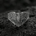 Load image into Gallery viewer, 925 sterling silver eagle ring on volcanic stone, oxidized finish highlighting the layered feather engraving and spread wings