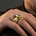 Load image into Gallery viewer, Gold plated elephant ring worn on finger, lifestyle wear shot with sharp focus on animal relief details