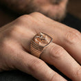 Load image into Gallery viewer, Rose Gold plated ram signet ring worn on finger, horned goat head ring for him