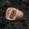 Load image into Gallery viewer, Rose gold plated ram signet ring on volcanic rock, horned head shield ring gift