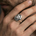 Load image into Gallery viewer, Polished silver wolf head ring on hand, everyday statement style with oval signet silhouette