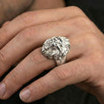 Load image into Gallery viewer, Polished silver roaring lion ring on hand, masculine everyday style with sculpted lion face