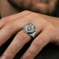 Load image into Gallery viewer, Polished silver fox signet ring on a hand, close-up view highlighting the raised fox head and clean edges