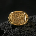 Load image into Gallery viewer, Jerusalem Cross ring in a gold plated finish on volcanic rock, crusader cross signet face with engraved details, premium macro product image