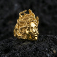 Load image into Gallery viewer, Medusa gorgon ring in a gold plated finish on volcanic rock, bold snake hair goddess statement design, premium macro product image