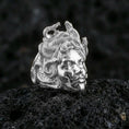 Load image into Gallery viewer, Sterling silver Medusa ring in polished silver finish on volcanic rock, Greek mythology gorgon face with coiled snakes, close-up product photo