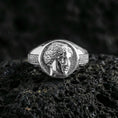 Load image into Gallery viewer, Roman Venus portrait ring in polished silver finish on volcanic rock, classic coin-style face engraving with meander border, premium studio close-up