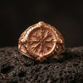 Load image into Gallery viewer, Sterling silver Vegvisir ring in a rose gold plated finish on volcanic rock, Norse navigation compass rune design, luxury close-up
