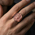 Load image into Gallery viewer, Rose gold plated Chinese dragon ring on finger featuring detailed coiled dragon design and textured signet face, refined lifestyle jewelry wear shot