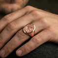 Load image into Gallery viewer, Rose gold plated Chinese dragon signet ring on a human finger, traditional dragon motif signet, bold unisex fantasy style