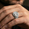 Load image into Gallery viewer, Polished sterling silver wolf and dragon ring on a human finger, detailed mythological animals, statement ring