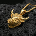 Load image into Gallery viewer, Gold plated bull head necklace pendant on black volcanic stone, Taurus zodiac horned bull charm, braided chain