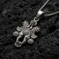 Load image into Gallery viewer, Oxidized sterling silver Assyrian lamassu pendant on black volcanic stone, ancient mythical beast necklace, braided chain