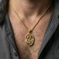 Load image into Gallery viewer, Gold plated Holy Family pendant necklace worn on neck, premium lifestyle composition, devotional oval medallion centerpiece