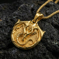 Load image into Gallery viewer, Gold plated dragon pendant on volcanic rock, medieval gothic protector talisman necklace with coiled dragon frame
