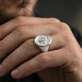 Load image into Gallery viewer, Polished silver Virgin Mary oval signet ring worn on finger, religious statement ring, clean lifestyle crop