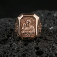 Load image into Gallery viewer, Rose gold plated St Joseph signet ring on volcanic stone, octagon saint medal face, Christian signet ring macro photo