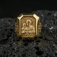 Load image into Gallery viewer, Gold plated St Joseph signet ring on dark volcanic rock, Catholic saint jewelry, bold religious mens statement ring
