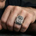 Load image into Gallery viewer, Polished silver Holy Family signet ring worn on finger, Catholic family portrait ring, Christian religious jewelry lifestyle