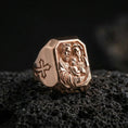 Load image into Gallery viewer, Rose gold plated Holy Family ring on volcanic stone, Holy Family portrait relief ring, Christian devotional jewelry macro