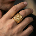 Load image into Gallery viewer, Gold plated St Christopher ring worn on finger, religious signet ring with cross side motif, Catholic gift for him