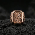 Load image into Gallery viewer, Rose gold plated St Christopher ring on volcanic stone, Saint Christopher carrying child relief, religious jewelry macro