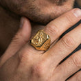 Load image into Gallery viewer, Gold plated Saint Michael ring worn on finger, Knights Templar cross side, archangel Michael religious signet