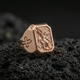 Load image into Gallery viewer, Rose gold plated Saint Michael ring on volcanic stone, Saint Michael slaying demon design, Templar cross signet