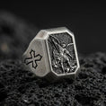 Load image into Gallery viewer, Oxidized sterling silver Saint Michael signet ring on volcanic rock, archangel warrior relief, Knights Templar cross side