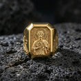 Load image into Gallery viewer, Gold plated St Jude signet ring on dark volcanic rock, saint portrait relief, cross side detail