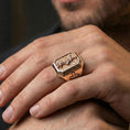 Load image into Gallery viewer, Rose gold plated St Michael archangel ring worn on finger, winged protector relief, Catholic jewelry gift